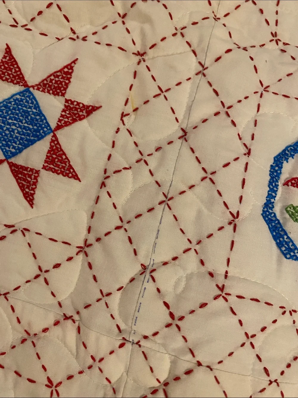 🇺🇸 Vintage Americana Amish Quaker Cottagecore Red, White & Blue Stitch Quilt